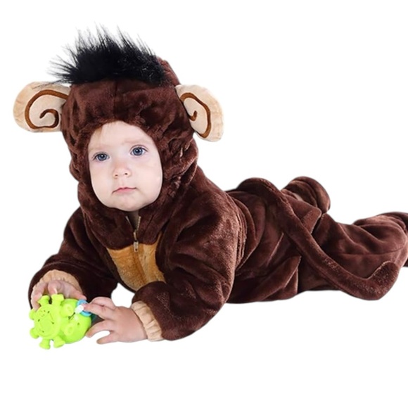 Plush Little Monkey Halloween Baby Costume 12-18 Months Velour Hooded Jumpsuit - Picture 1 of 16